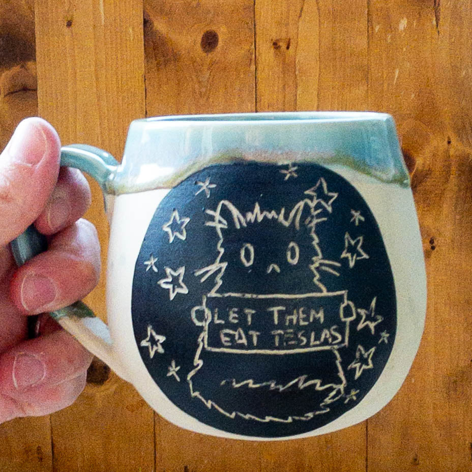 Fundraiser “Let Them Eat Teslas” Cat Mug SECOND - Taylor