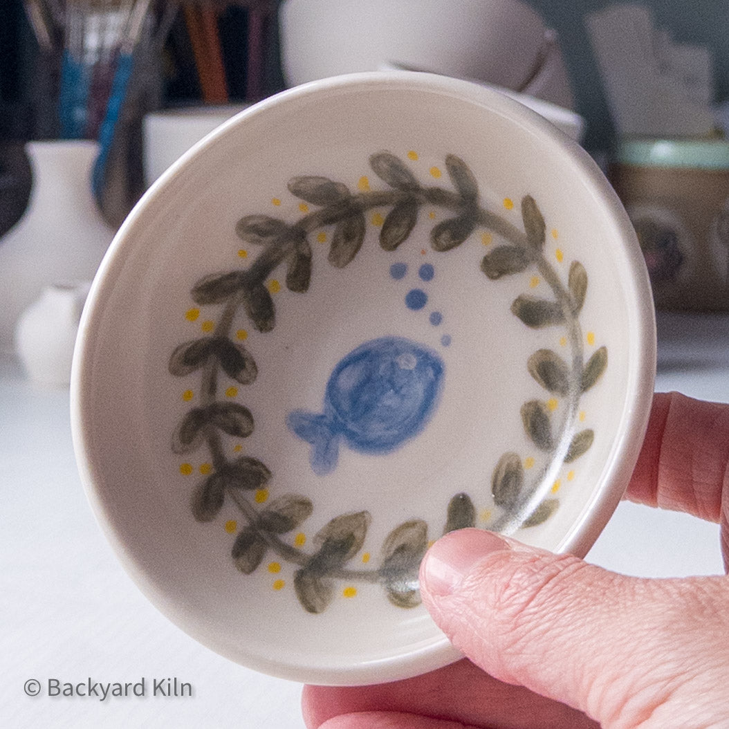 Round Blue Fish with Wreath - Porcelain Cat Bowl by Taylor
