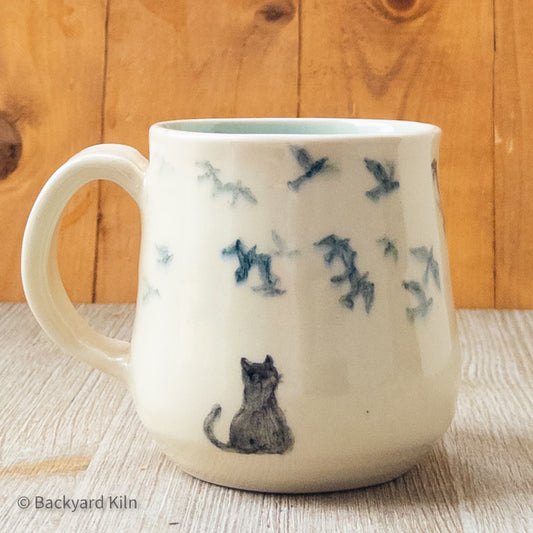 Cat with Birds Mug by Hannah and Taylor