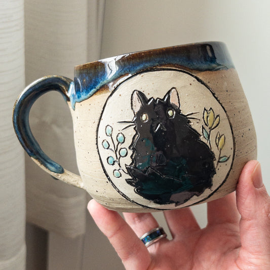 13 oz Fluffy Black Cat Floral Mug - Taylor