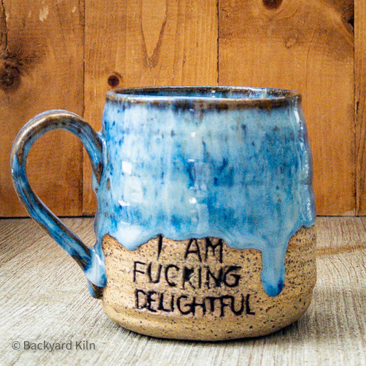 Blue "I am fucking delightful" Handwriting Mug by Taylor