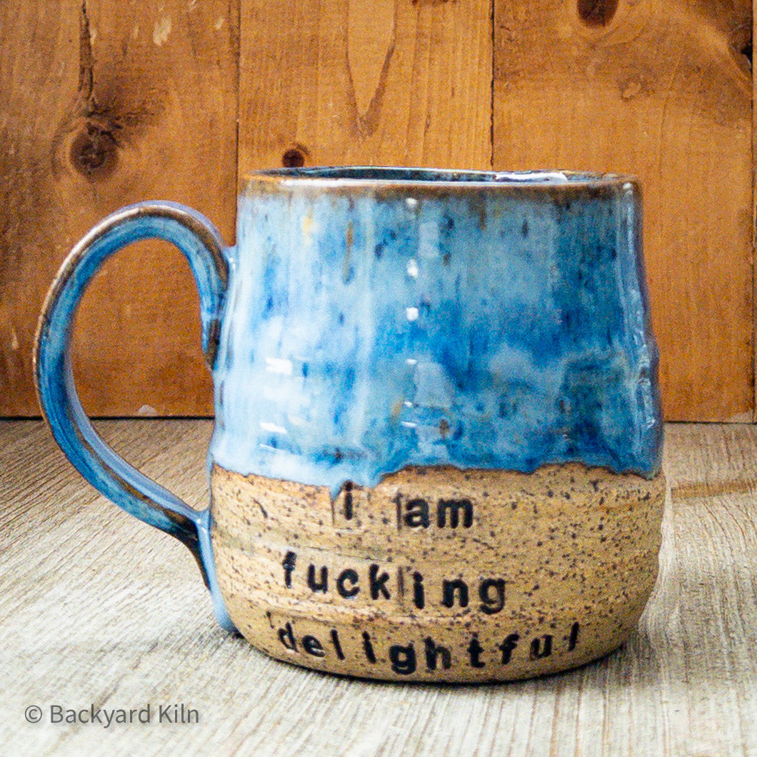 Blue "I am fucking delightful" Stamped Mug by Taylor