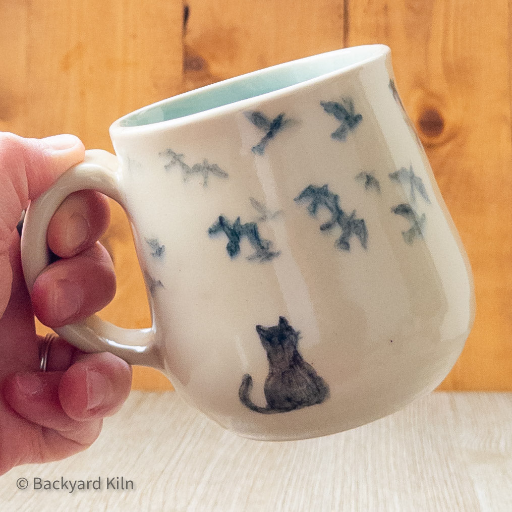 Cat with Birds Mug by Hannah and Taylor